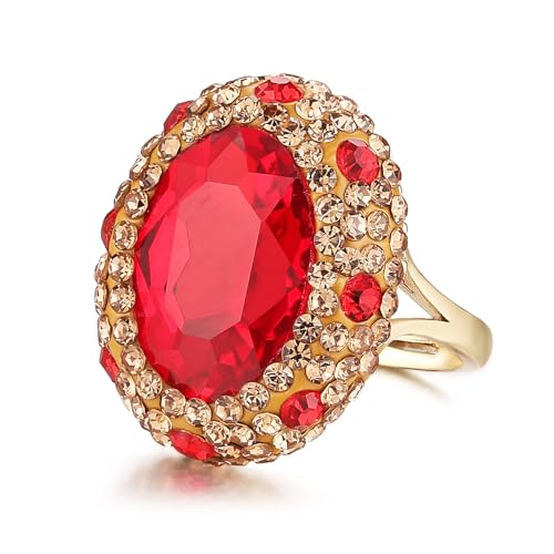 HZMAN Crystal Ring for Women Retro Antique Rhinestone Ring Cubic Zirconia Gold Plated Turkish Ring Jewelry Gift - color: Red-Oval