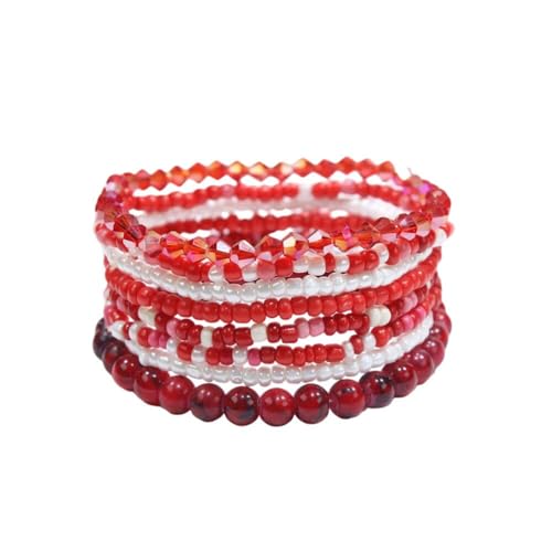 Boho Stackable Rice Beaded Bracelet Set for Women 8-10Pcs Colorful Handmade Multilayered Crystal Beads Bracelets Summer Beach Bohemian Jewelry Gift - color: B Red