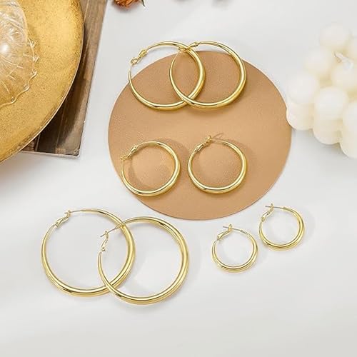 EXGOX Sterling Silver Hoop Earrings - Hypoallergenic, Lightweight, Chunky, 14K Real Gold Plated, Big Large Hoops for Women - color: Chunky&Gold hoop 70mm