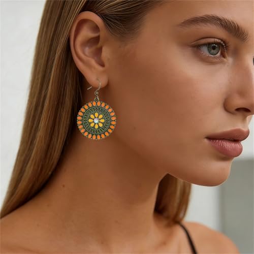 MALOYANVE Vintage Boho Circular Flower Dangle Earring, Handmade Bronze Tribal Round Enamel Floral Drop, Bohemian Ethnic Statement Jewelry Gift for Women - color: Orange