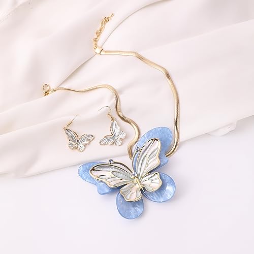 Vintage Chunky Statement Jewelry Set Retro Leaf Floral Geometric Bohemian Boho Bib Necklace Earring Set Fashion Costume Jewelry for Women Girls Wedding Party Prom Unique Gift - style: Butterfly - Light Blue