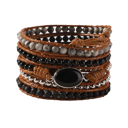 Artilady Leather Wrap Bracelets for Women - Pearl Bracelets Handmade Clasp Bangle Bracelet with Beads Jewelry Gift for Women and Mother - style: Black stone