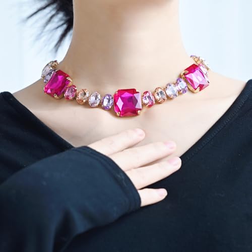 Fashionable Chunky Plated Tennis Rhinestone Statement Necklace Jewelry Set for Women Multicolor gem necklace with Great Sparkle and Shine Design for Women to Easy Match - color: fuchsia red big rhinestone