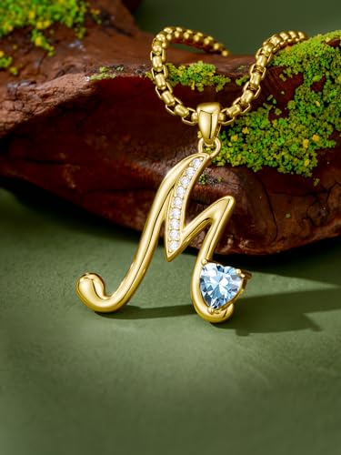 Birthday Gifts for Women 18k Gold Initial Necklaces for Women Simple Alphabets Letters with Birthstone Pendants Name Jewelry Anniversary Wedding Gifts for Sister Daughter Her (with Gift Box) - color: 03-Mar-Aquamarine, style: Letter M