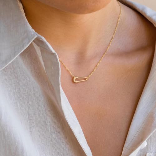 VRIUA Gold Necklace for Women - 14K Gold Plated Dainty Italian Horn Star of David Butterfly Bow Sun Lotus Volleyball Baseball Cowboy Boots Necklace Jewelry Everyday for Women - style: Safety Pin Gold