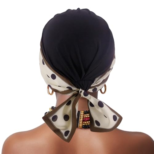 Erinaco Women Sparkle Sequin African Turban Bow Knot Pre-Tied Cap Pleated Ruffle Bonnet Beanie Hat Headwrap Skull Caps - color: Black Polka Dots