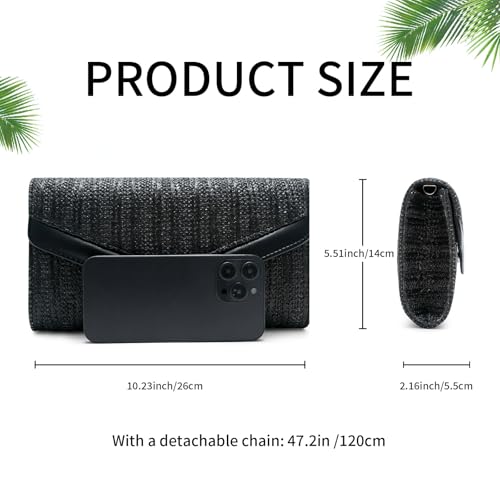 Straw Clutch Purse for Women Envelope Clutch Handbags for Summer Beach Evening Shoulder Crossbody Bag - color: Black