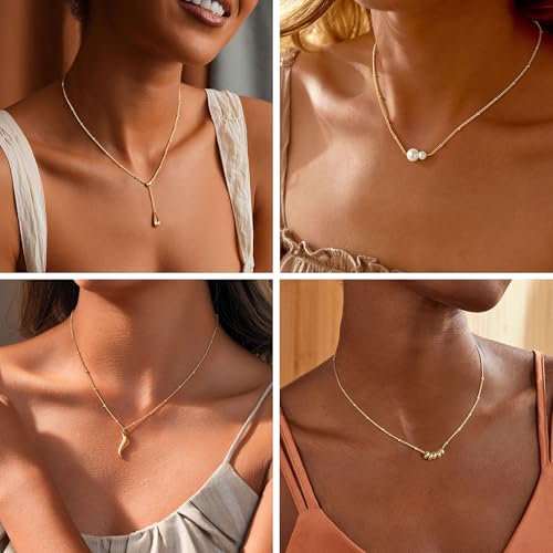 M MOOHAM Gold Necklace for Women Non Tarnish - Dainty 14K Gold Plated Beaded Chain Small Pendant Necklaces Simple Pearl Circle Beads Teardrop Pendant Necklace for Women Trendy Jewelry Gifts - color: “Teardrop Pendant
