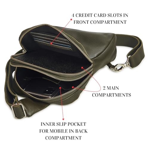Leather Sling Bag for Women Genuine Crossbody Purse Small Trendy Cross Over Chest with Phone and Credit Card Slots (Olive Nappa) - color: Olive Nappa
