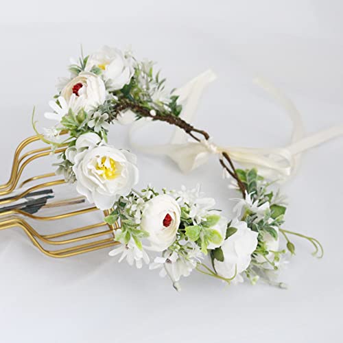 Vivivalue Women Flower Crown Flower Garland Headband Hair Wreath Floral Headpiece Halo Boho with Ribbon Wedding Party White - color: 69