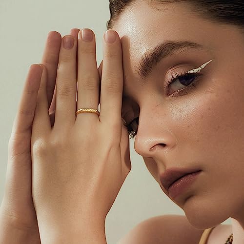 YeGieonr 14K Gold Plated Signet Rings for Women Non Tarnish 925 Sterling Silver Dainty Stackable Gold Ring, Waterproof Engraved Flower Thin Band Unique Everyday Jewelry Gift - color: Yellew Gold-Eucalyptus Signet Ring