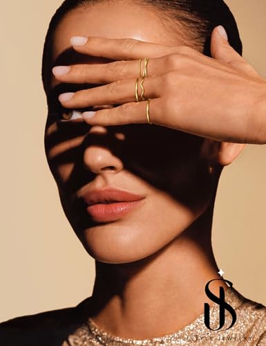 Jstyle Gold Stackable Rings for Women Non Tarnish Open Adjustable Rings Cubic Zirconia Thin Thumb Silver Ring Set 14K Gold Filled Pinky Knuckle Stacking Set - Dainty Statement Promise Band Ring Sets