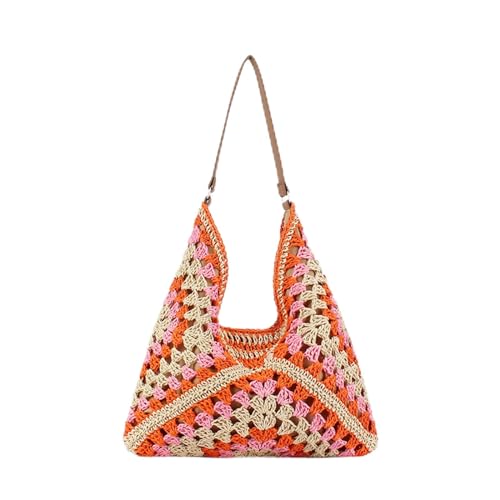 Straw Hobo Bag for Women 2026 Boho Woven Beach Purse Large Summer Straw Tote with Lining Black Raffia Shoulder Bag | straw material - color: Orange