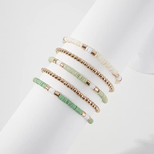 GOOJIDS Surfer Heishi Clay Bead Bracelets for Women Bohemian Stackable Gold Plated Beaded Stretch Bracelets Elastic Layering Friendship Bracelets Set Boho Jewelry - color: C-New Green Color Sets