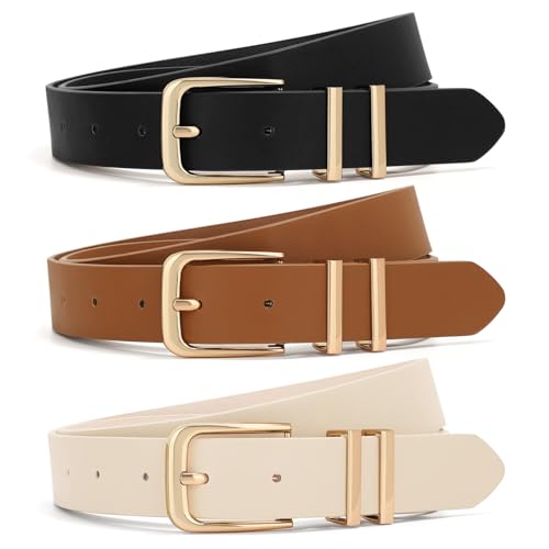 XZQTIVE 3 Pack Women Belts For Jeans Dresses Pants Ladies Leather Waist Belt with Gold Buckle - color: Square Buckle Black+brown+beige, size: Fit Pant 30-36in