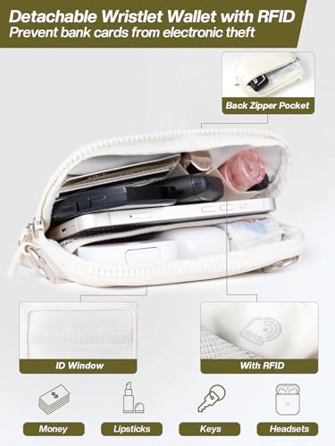 Tiostep Clip and Go Strap for Phone with Wallet Crossbody Phone Lanyard Adjustable and Detachable RFID Wristlet Wallet with ID Window and Zipper, Cream(L) - color: Cream, size: Large