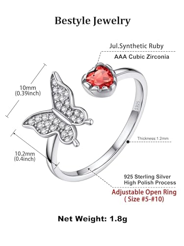 Bestyle 925 Sterling Silver Butterfly Ring Hypoallergnic Adjustable Birthstone Rings for Women Butterfly Jewelry Gifts for Anniversary Mothers' Day Birthday - color: 07.July(Ruby)-Ring Delicate