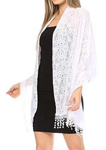 Sakkas Mari Women's Large Lightweight Soft Lace Scarf Wrap Shawl Floral and Fringe - color: Style8-white
