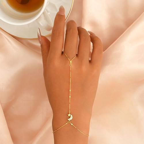 925 Sterling Silver Hand Chain Bracelet for Women,Non Tarnish 14k Gold Plated CZ Crystal Heart Starburst Ring Bracelets Hand Chain Dainty Diamond Layered Stackable Link Chain Beach Waterproof Graduation Wedding Gifts - color: GoldE