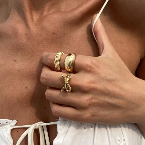 Chunky Gold Rings for Women Non Tarnish Silver Chunky Rings Set Adjustable Thick Statement Ring Gold Stackable Ring for Women Trendy Fashion Silver Jewelry - style: Style7-Gold Bow