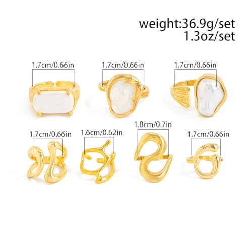 Chunky Gold Pearl Rings for Women Vintage Baroque Pearl Rings Set Open Stacking Pearls Ring Set Irregular Geometric Pearls Ring Boho Prom Costumes Fashion Jewelry Accessories - style: 7PCS