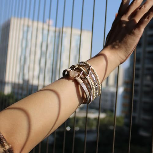 Womens Multi Layer Heart Leather Wrap Bracelet Boho Stackable Cuff Bangle Magnetic Clasp Crystal Birthday Valentine Gift - color: Khaki