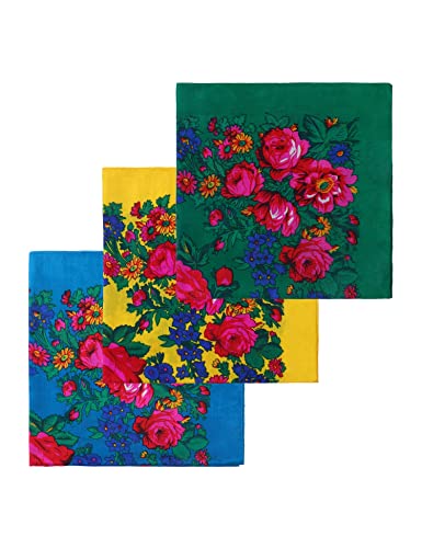 MJ SERECA Acrylic Bandana Printed Hair Scarf Square Ukrainian Head Scarf Floral Babushka Neck Scarf for Women 30"/42"/60" - color: 3 Pack-d 30"