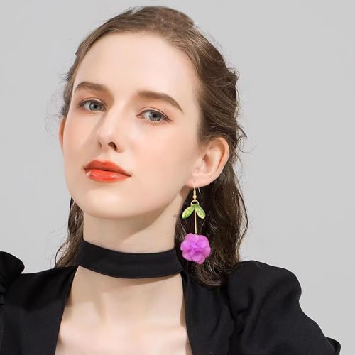 Resin Flower Cluster Ball Dangle Drop Earrings for Women Spring Summer Bohemian Floral Petal with Green Leaf Earrings Vacation Party Jewelry - color: Violet