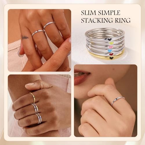 925 Sterling Silver Heart Ring for Women, 1mm Ultra Thin 14K Plated Gold Hypoallergenic Wedding Band with Black/Yellow/Red/Blue/Pink Love, Promise Stack Travel Jewelry Gifts Size 5-10 - color: A-Silver-Black