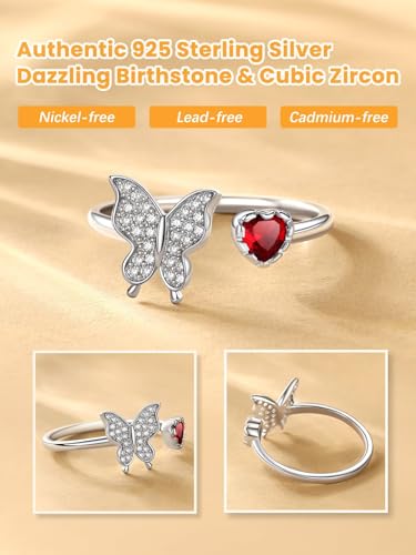 Bestyle 925 Sterling Silver Butterfly Ring Hypoallergnic Adjustable Birthstone Rings for Women Butterfly Jewelry Gifts for Anniversary Mothers' Day Birthday - color: 07.July(Ruby)-Ring Delicate