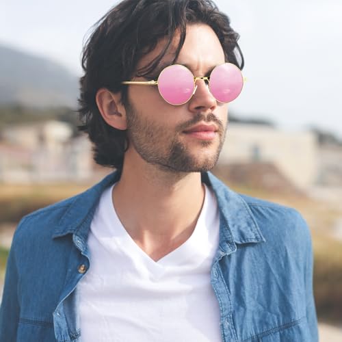 NACHLYNN Round Hippie Sunglasses Metal Border Circle Hippie Glasses UV380 Protection 70s Sunglasses for Men Women Party Favor - color: Pink
