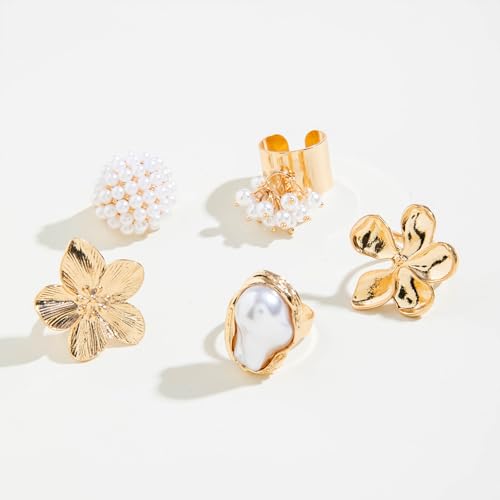 Chunky Gold Rings for Women Non Tarnish Statement Flower Ring Baroque Pearl Stackable Rings Set 6Pcs Chunky Jewelry - color: Gold 6