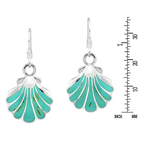 AeraVida Ocean Inspired Beach Style Seashell Shaped .925 Sterling Silver with Simulated Green Turquoise Inlays Boho Chic Fishhook Dangle Earrings