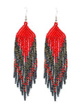 Long Beaded Dangle Earrings – Boho Native Handmade Seed Bead Tassel Bohemian Large Statement Drop Fringes for Women - color: Red &