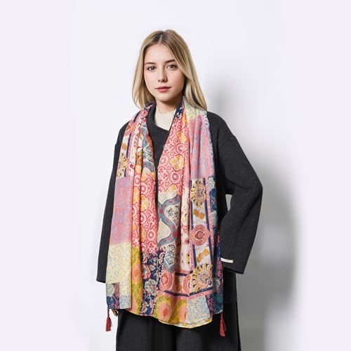QIUTIMIY Scarf for Women Lightweight Soft Floral Leopard Printed Scarves Fall Winter Fashion Shawl Wrap with Fringe - color: Flower-red Nblue