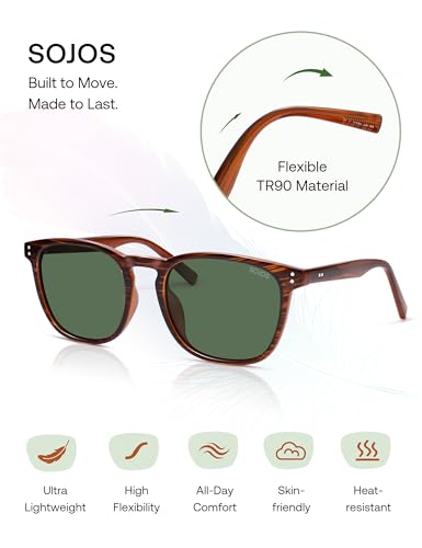 SOJOS Unisex Rounded Square Polarized Sunglasses TR90 Frame UV400 Protection Lightweight Retro for Women & Men - color: Light Brown Stripes/Green