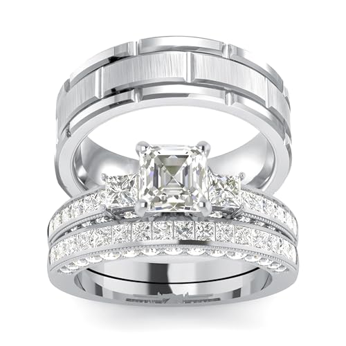3Pcs Moissanite Wedding Rings Sets for Couples, s925 10K 14K 18K Real Gold Wedding Rings Sets for Him and Her, Customized Matching Engagement Bands Set for Men and Women Free Engraving - style: Style-6