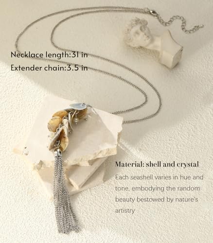 Noessla Boho Long Pendant Necklaces for Women Silver Tassel Long Necklace Sweater Chain Mothers Day Gifts Silver Costume Jewelry for Women - color: 81-Natural