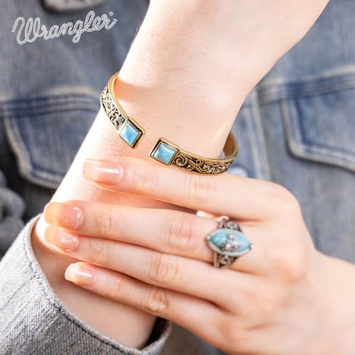 Montana West Wrangler Cuff Bracelet for Women Western Turquoise Adjustable Open Bangle Silver Plated Carved Floral Cowgirl Country Jewelry - color: Gold-Turquoise
