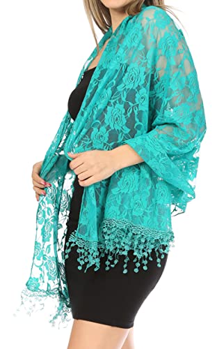 Sakkas Mari Women's Large Lightweight Soft Lace Scarf Wrap Shawl Floral and Fringe - color: Roseturquoise