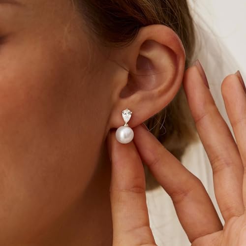 Pearl Earrings for Women, Dainty Wedding Bridal Earrings 14k Gold Plated CZ Pearl Drop Earrings for Women Trendy Hypoallergenic Unique Gold Drop Earrings Fashion Prom Jewelry - color: Silver-A