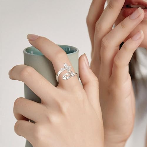 Vito 925 Sterling Silver Adjustable Open Spoon Ring for Women Men, Lotus Sunflower Snake Spoon Band Rings Feather Hug Witches Knot Inspirational Jewelry Gift for Wife - style: Jesus Fish-Silver