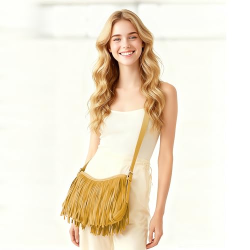Fringe Shoulder Bag for Women Underarm Suede Western Hobo Purses and Handbags Trendy Crossbody Purse with Tassel - color: Yellow