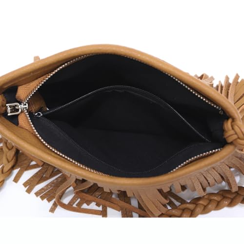 Stylish Fringe Crossbody Bag Bohemian Sling Bag Brown Lightweight Purse Hippie Small Shoulder bagTassel Leather - color: Brown