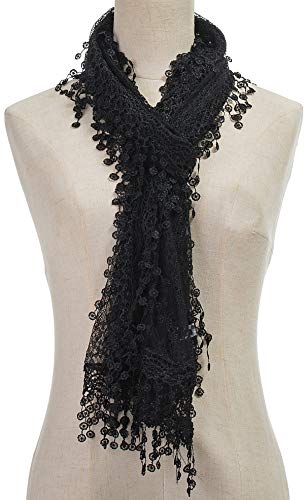 Cindy & Wendy Lightweight Soft Leaf Lace Fringe Scarf Bridal Shawl for Women - color: Black-2