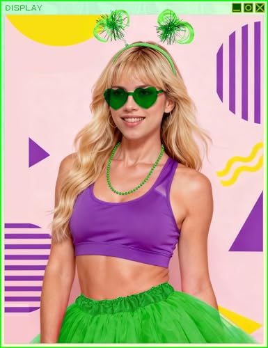 80s Tutu Costume Accessories Set for Women, Tutus Skirt Ponytail Headband Necklace Sunglasses, Party Halloween - color: Green