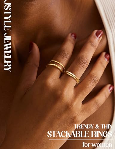Jstyle Gold Stackable Rings for Women Non Tarnish Open Adjustable Rings Cubic Zirconia Thin Thumb Silver Ring Set 14K Gold Filled Pinky Knuckle Stacking Set - Dainty Statement Promise Band Ring Sets
