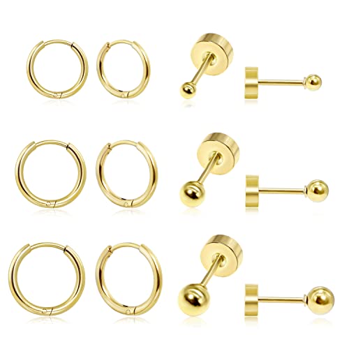 Dainty 6 Pairs Surgical Steel Earrings Sets for Multiple Piercing, Lightweight 14K Gold Plated Small Huggie Hoop Earrings, Flat Back Tiny Ball CZ Stud Earrings for Cartilage, Helix, Lobe, Hypoallergenic - style: 14K Gold Plated - Huggie Hoops and Ball Stu