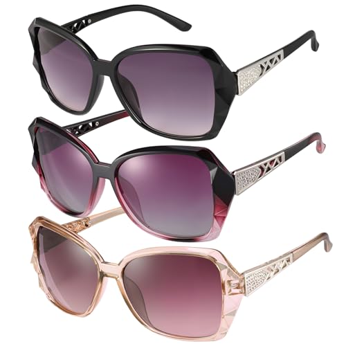 3/4 Pcs Women Large Sunglasses UV 400 Glasses Oversized Classic Trend Ladies Sunglasses with Shiny Large Frame - color: Black/Purple/Champagne