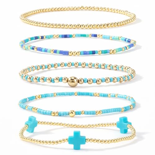 Gold Beaded Cross Bracelet for Women, 14K Plated Adjustable Stackable Dainty Bracelets, Non Tarnish Fashion Jewelry Set Gifts for Women Birthday Friendship - color: Colors-6